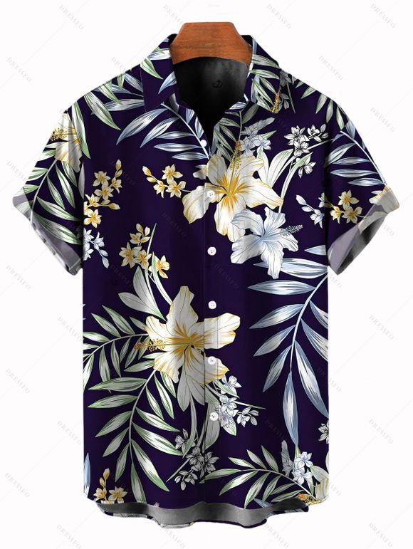Chemise de vacances pour homme, imprimé fleurs et feuilles, à boutons - Bleu de Minuit 5XL