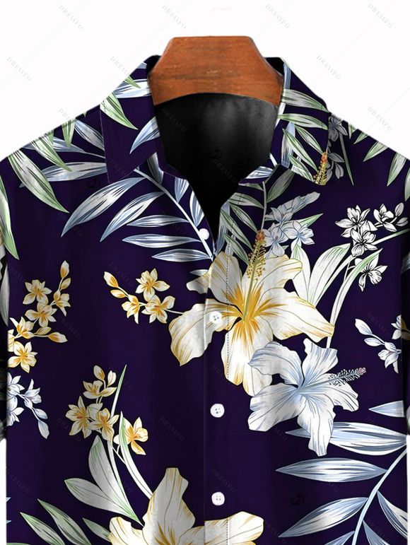 Chemise de vacances pour homme, imprimé fleurs et feuilles, à boutons - Bleu de Minuit 5XL