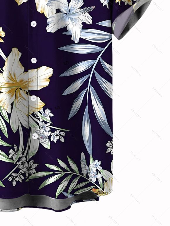 Chemise de vacances pour homme, imprimé fleurs et feuilles, à boutons - Bleu de Minuit 5XL