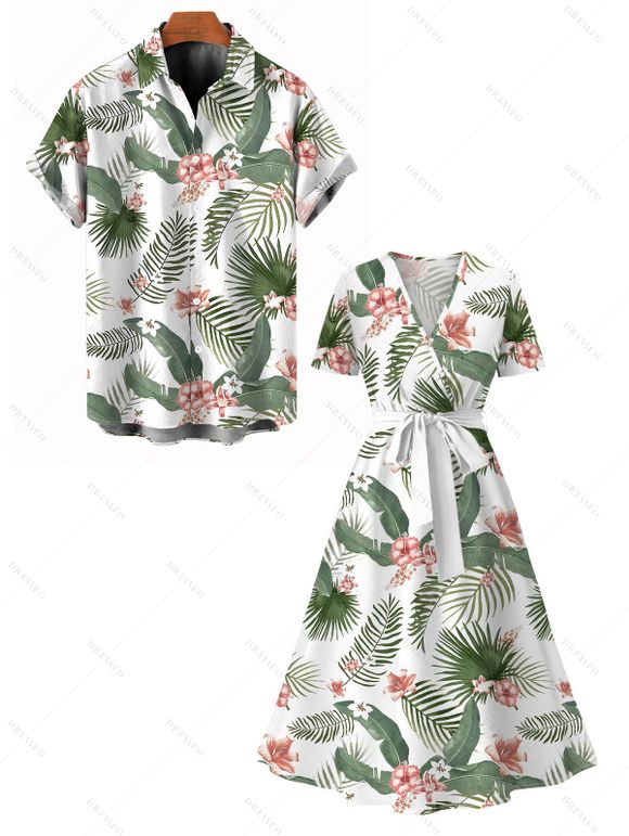 Vacation Couple Outfit Leaf Flower Print Surplice Belt Dress and Shirt Set - Blanc S | US 4