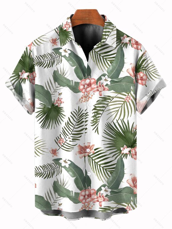 Chemise de vacances pour homme, imprimé feuilles et fleurs, à boutons - Blanc 5XL