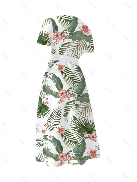 Vacation Couple Outfit Leaf Flower Print Surplice Belt Dress and Shirt Set - Blanc S | US 4