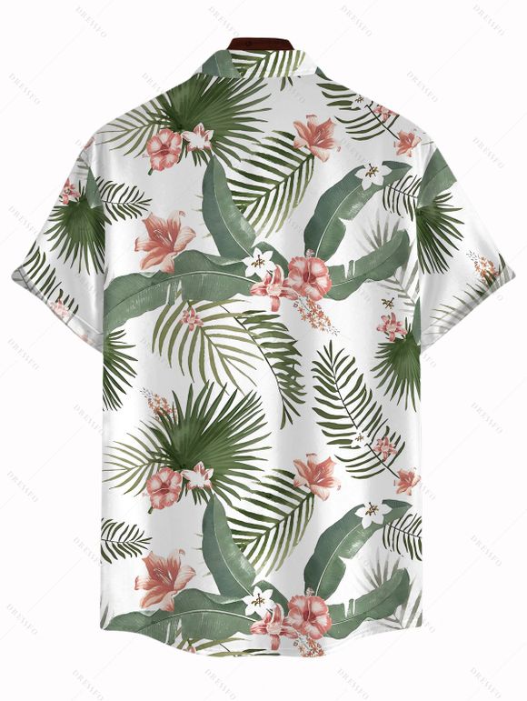 Chemise de vacances pour homme, imprimé feuilles et fleurs, à boutons - Blanc 5XL