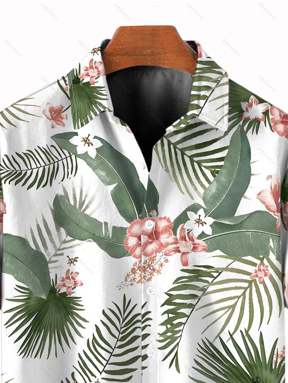 Chemise de vacances pour homme, imprimé feuilles et fleurs, à boutons - Blanc 5XL