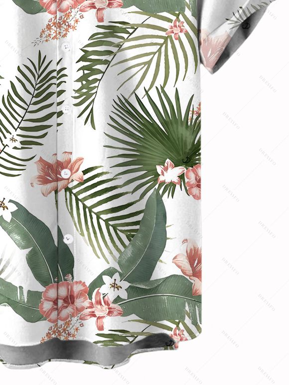 Chemise de vacances pour homme, imprimé feuilles et fleurs, à boutons - Blanc 5XL