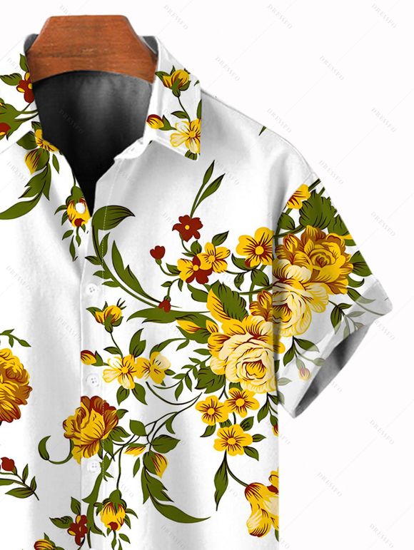Chemise de vacances pour homme, imprimé floral et feuilles, à boutons - Blanc 5XL
