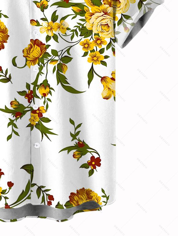 Chemise de vacances pour homme, imprimé floral et feuilles, à boutons - Blanc 5XL