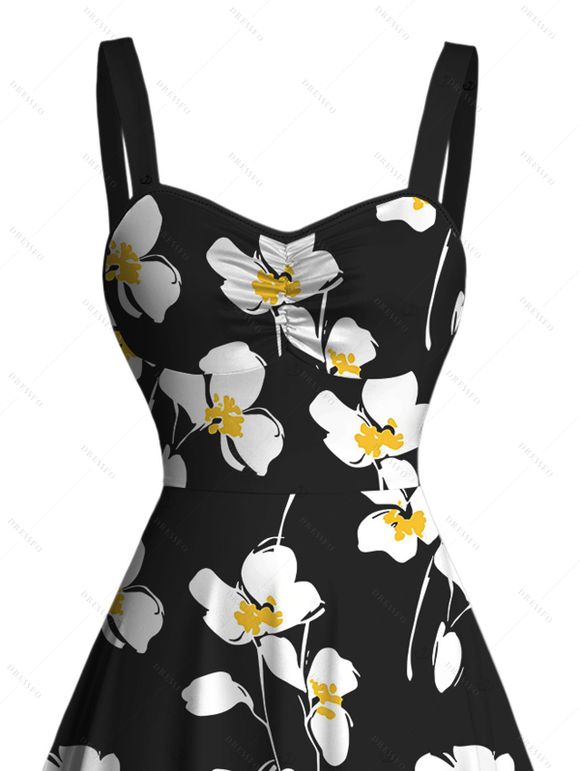 Vacation Couple Outfit Flower Petal Print Ruched Dress and Shirt Set - Noir S | US 4