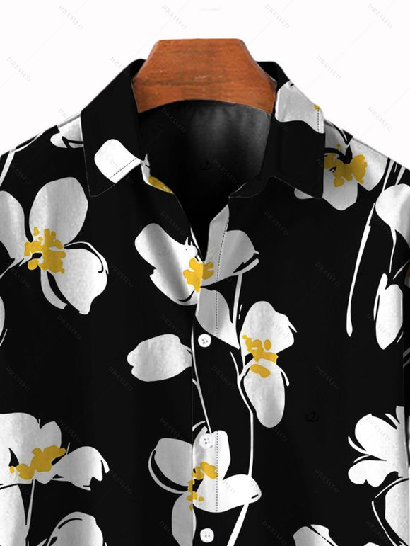 Vacation Couple Outfit Flower Petal Print Ruched Dress and Shirt Set - Noir S | US 4