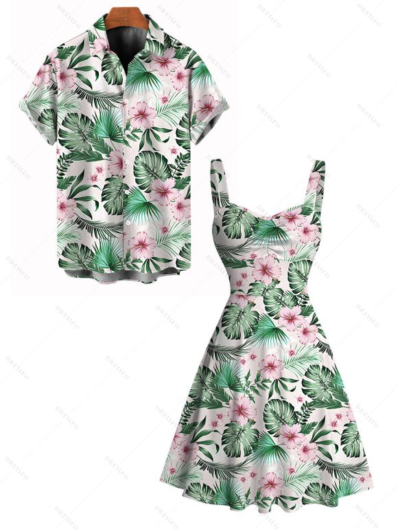 Vacation Couple Outfit Allover Flower Leaf Print Dress and Shirt Set - Vert clair S | US 4
