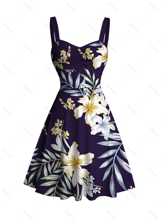 Vacation Couple Outfit Flower Leaf Print Ruched Dress and Shirt Set - Bleu de Minuit S | US 4