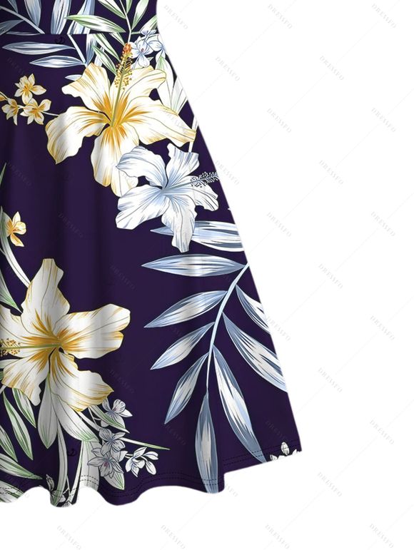 Vacation Couple Outfit Flower Leaf Print Ruched Dress and Shirt Set - Bleu de Minuit S | US 4