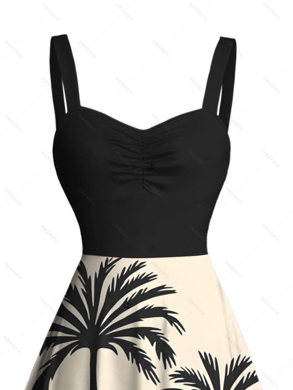 Beach Couple Outfit Colorblock Coconut Tree Print Dress and Shirt Set - Noir S | US 4