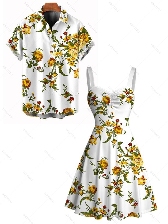 Vacation Couple Outfit Floral Leaf Print Ruched Dress and Shirt Set - Blanc S | US 4