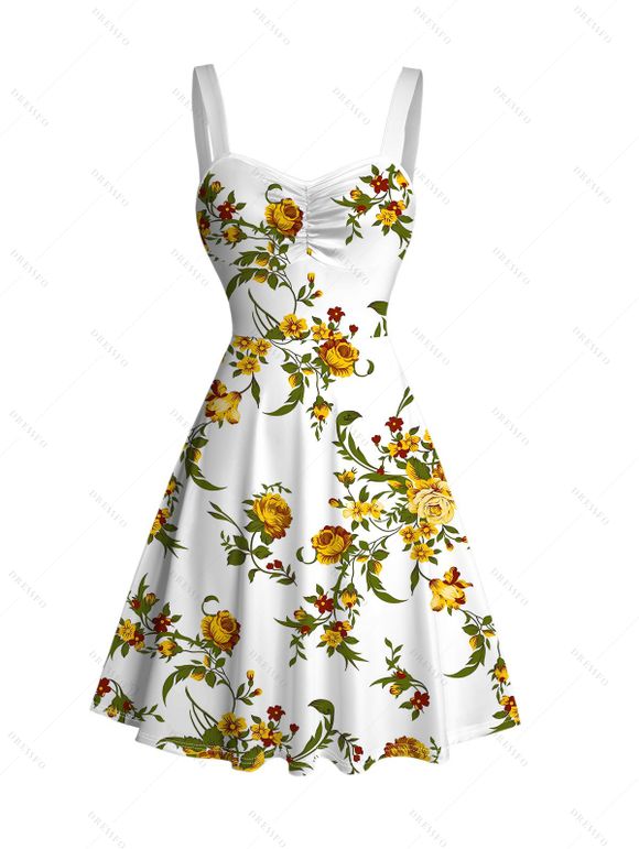 Vacation Couple Outfit Floral Leaf Print Ruched Dress and Shirt Set - Blanc S | US 4