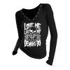 Gothic Top Textured Skull Slogan Print Grommet Long Sleeve Top - Noir M | US 6