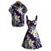 Vacation Couple Outfit Flower Leaf Print Ruched Dress and Shirt Set - Bleu de Minuit S | US 4