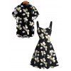 Vacation Couple Outfit Flower Petal Print Ruched Dress and Shirt Set - Noir S | US 4