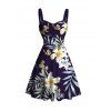 Vacation Couple Outfit Flower Leaf Print Ruched Dress and Shirt Set - Bleu de Minuit S | US 4