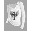 Gothic Top Cross Wings Butterfly Print Textured Grommet Long Sleeve Top - Blanc S | US 4