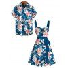 Vacation Couple Outfit Lily Floral Leaf Print Belt Dress and Shirt Set - Paon Bleu S | US 4