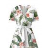 Robe de vacances midi à imprimé feuilles et fleurs, décolleté cache-cœur en V et ceinture - Blanc S | US 4