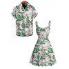 Vacation Couple Outfit Allover Flower Leaf Print Dress and Shirt Set - Vert clair S | US 4