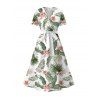 Vacation Couple Outfit Leaf Flower Print Surplice Belt Dress and Shirt Set - Blanc S | US 4