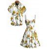 Vacation Couple Outfit Floral Leaf Print Ruched Dress and Shirt Set - Blanc S | US 4