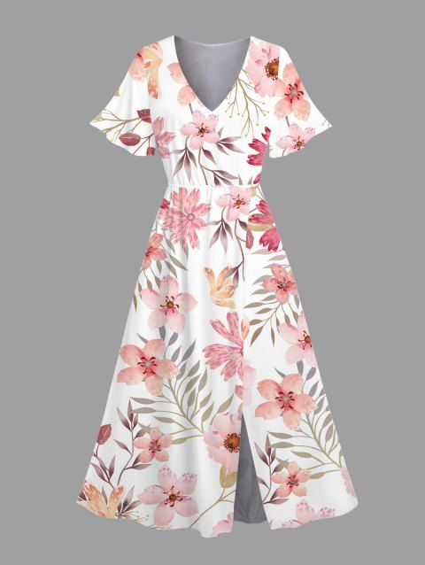 Robe de vacances à imprimé floral et feuilles de pêcher, fendue