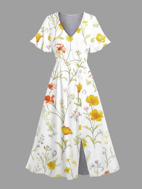 Robe de vacances mi-longue fendue à imprimé floral et feuilles
