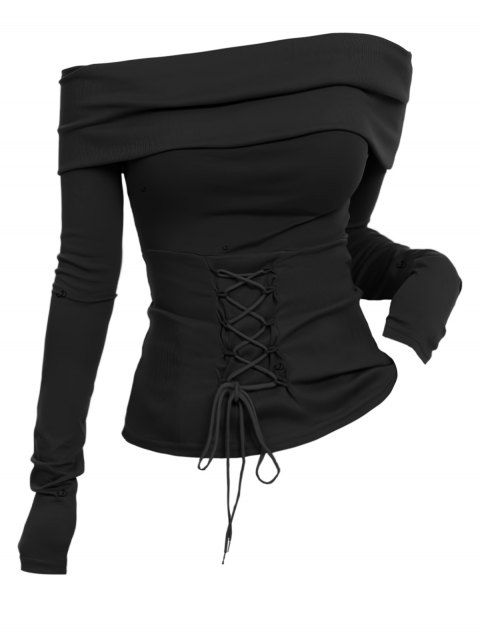 Haut uni à revers, col asymétrique, lacé et taille cintrée