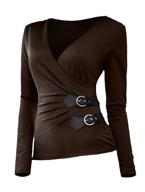 Haut uni à décolleté plongeant et à boucle cache-cœur, manches longues