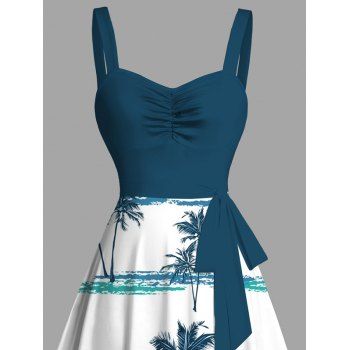 Beach Dress for Vacation Coconut Tree Print Colorblock Ruched Belt Dress