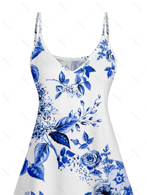 Robe D'été Rose Imprimée Ligne A à Bretelles Spaghetti à Col en V - Bleu Ciel L | US 8-10