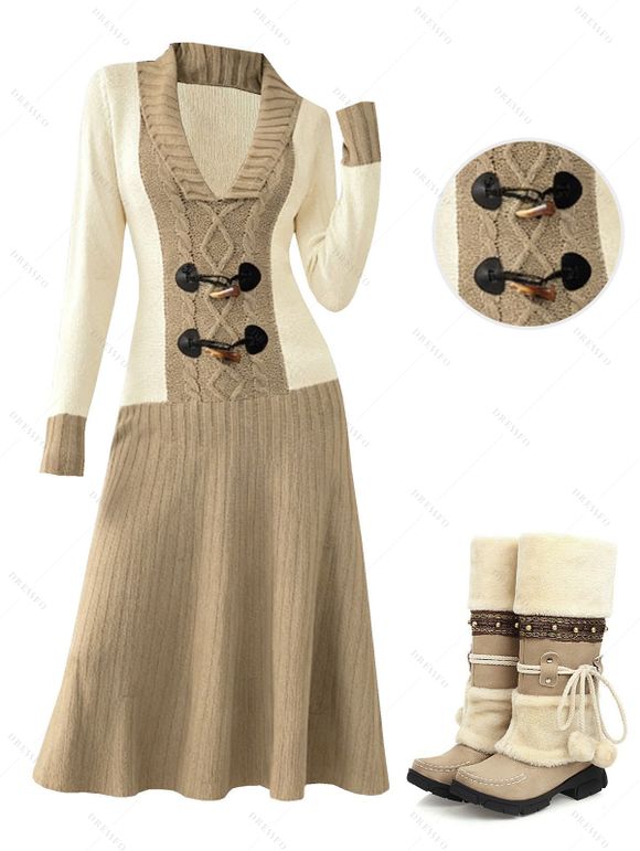 Winter Outfit Colorblock Cable Knit Horn Button Sweater Dress Ethnic Boots Set - Bronze S | US 4