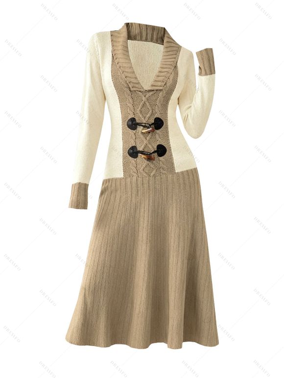 Winter Outfit Colorblock Cable Knit Horn Button Sweater Dress Ethnic Boots Set - Bronze S | US 4