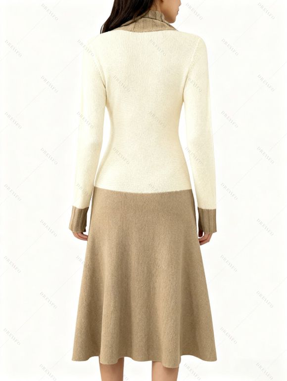 Winter Outfit Colorblock Cable Knit Horn Button Sweater Dress Ethnic Boots Set - Bronze S | US 4