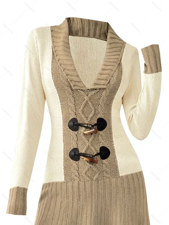 Winter Outfit Colorblock Cable Knit Horn Button Sweater Dress Ethnic Boots Set - Bronze S | US 4