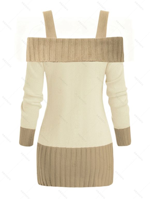 Pull colorblock à épaules dénudées en maille torsadée avec boutons corne - Bronze M | US 6