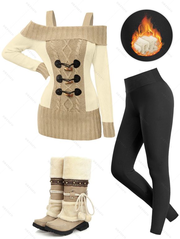 Winter Outfit Colorblock Cold Shoulder Sweater and Leggings Boots Set - Bronze S | US 4