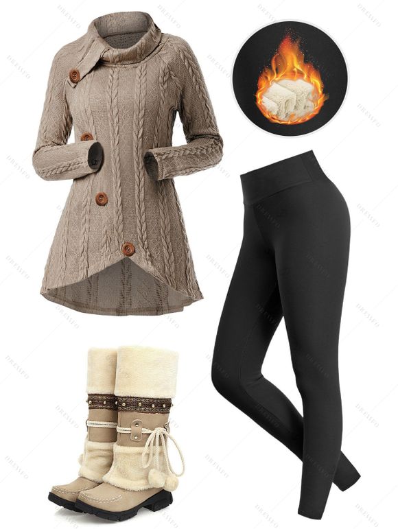 Winter Outfit Turtleneck Cable Knit Sweater Fleece-Lined Leggings and Boots Set - Brun S | US 4