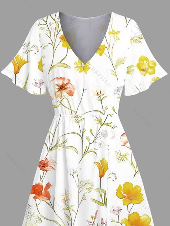 Robe de vacances mi-longue fendue à imprimé floral et feuilles - Jaune XXL | US 14