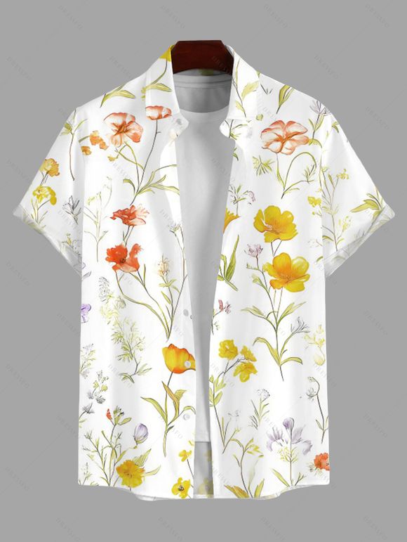 Chemise de vacances pour homme, imprimé floral et feuilles, à boutons - Jaune 5XL
