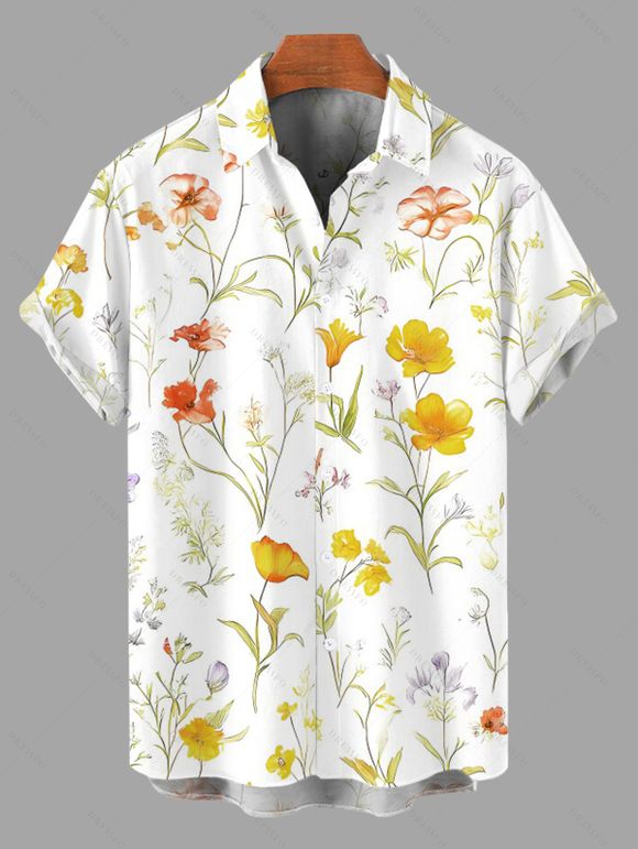 Chemise de vacances pour homme, imprimé floral et feuilles, à boutons - Jaune 5XL