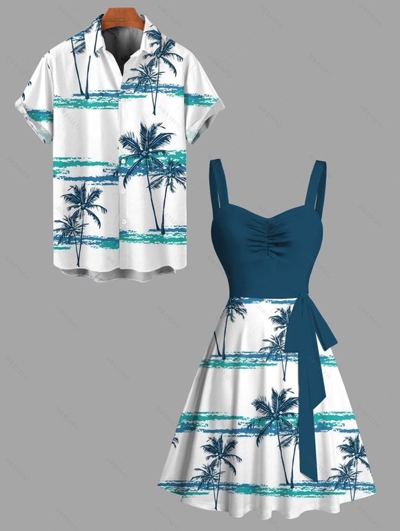 Beach Couple Outfit Coconut Tree Print Colorblock Belt Dress and Shirt Set - Paon Bleu S | US 4