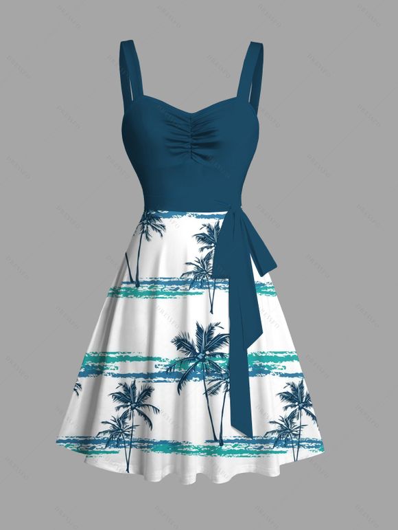 Beach Couple Outfit Coconut Tree Print Colorblock Belt Dress and Shirt Set - Paon Bleu S | US 4