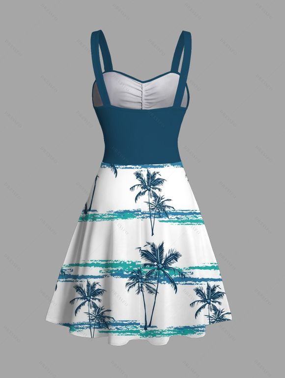 Beach Couple Outfit Coconut Tree Print Colorblock Belt Dress and Shirt Set - Paon Bleu S | US 4