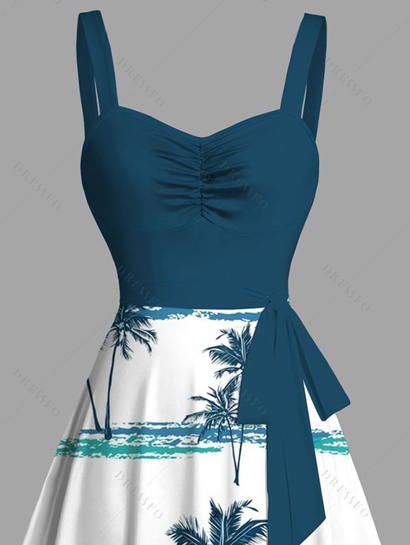 Robe de plage pour les vacances, imprimé cocotier, robe à ceinture froncée et colorblock - Paon Bleu XXXXXL | US 20