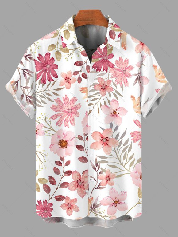 Vacation Couple Outfit Peach Blossom Floral Leaf Print Slit Dress and Shirt Set - Rose S | US 4